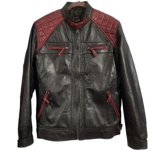 Mens Large Genuine Leather Moto Motorcycle Full Zip Jacket Red Black Colorblock